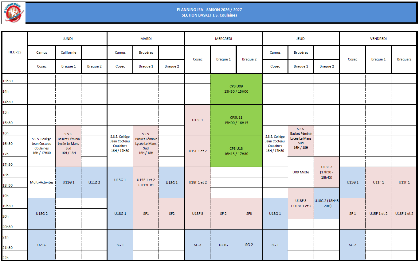 Planning Entrainements 26/27